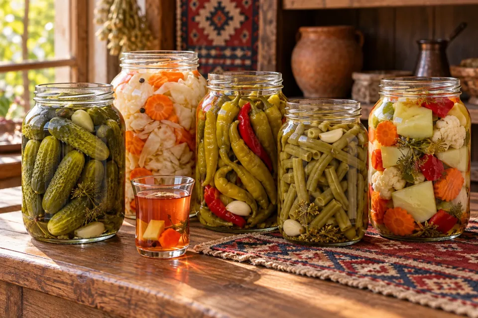 Five jars of Turkish turşu with cucumbers, cabbage and carrot, peppers, green beans and mixed vegetables beside a glass of pickle juice