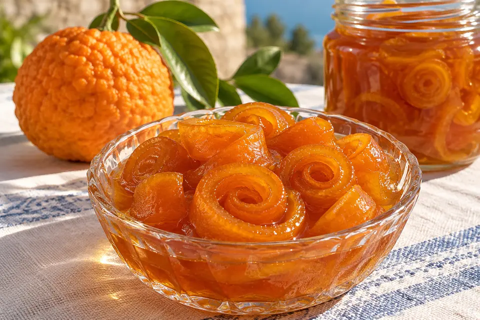 Bol de sticlă cu Turunç Reçeli din Antalya, spirale lucioase de coajă de portocală amară în sirop limpede de chihlimbar