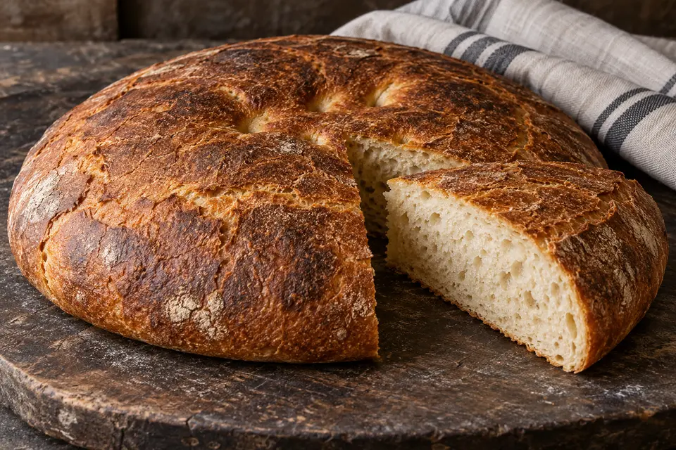 A large round Afyonkarahisar sourdough potato loaf with a dark browned crust and a cut wedge showing its pale springy crumb