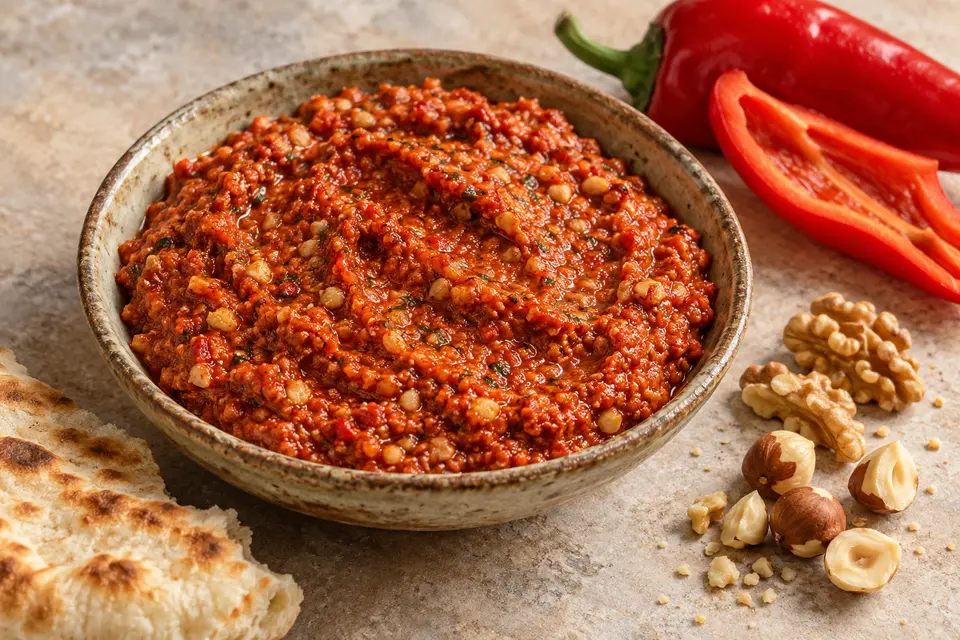 A ceramic bowl of thick brick-red Düzce Acıkası with visible walnut, hazelnut and herb texture, beside sweet red pepper and Turkish flatbread