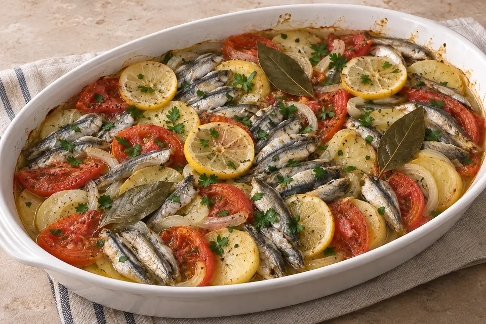 Türkisches Hamsi Buğulama mit gebackenen Sardellen, Kartoffeln, Tomaten, Zwiebeln, Zitrone und Lorbeer