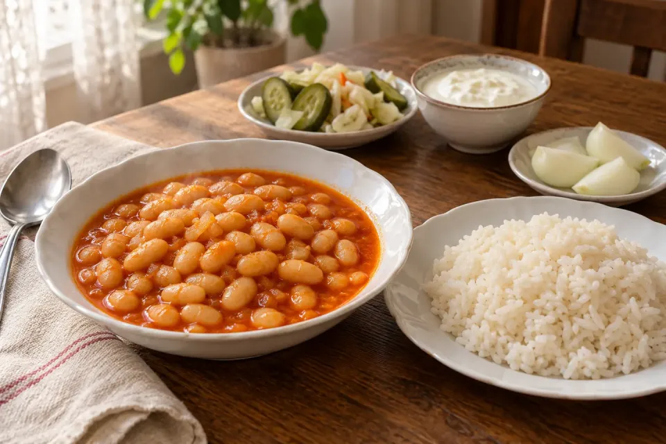 Haricots blancs turcs en sauce et riz pilaf, avec des coupelles de légumes au vinaigre, de yaourt et d’oignon cru