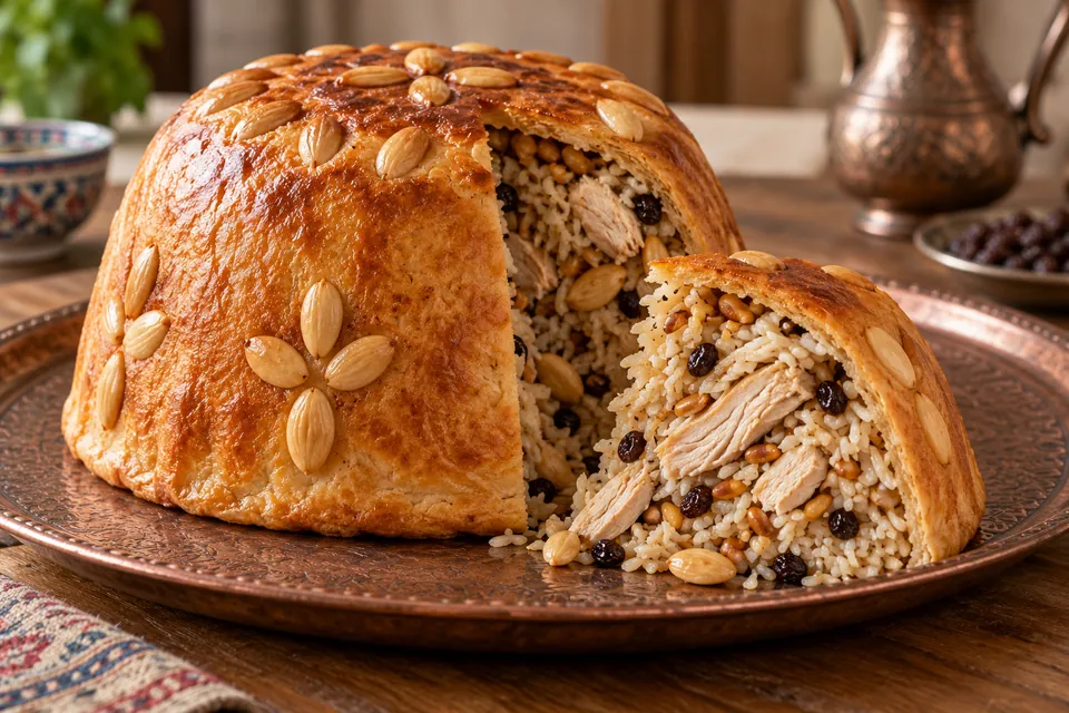 Goldene, mit Mandeln gemusterte Teigkuppel von Siirt Perde Pilavı mit angeschnittenem Hähnchenreis, Pinienkernen und Korinthen