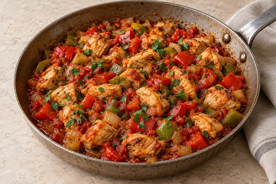 Turkish tavuk sote with bite-sized chicken, red and green peppers and tomato sauce, topped with chopped parsley in a shallow pan
