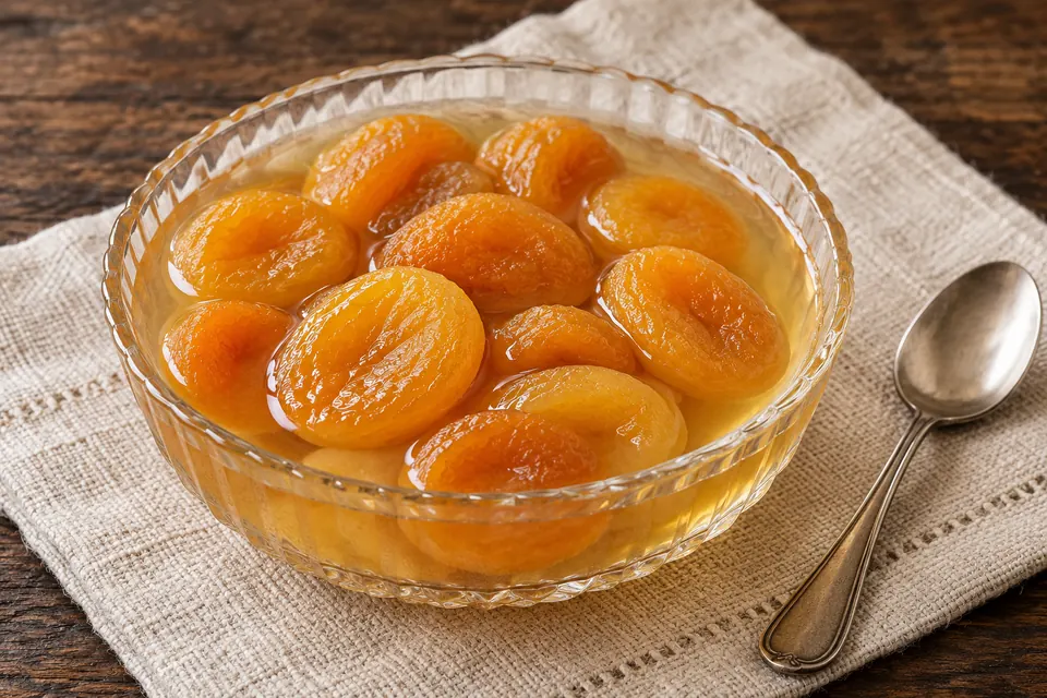 Clear glass bowl of chilled Turkish Kuru Kayısı Hoşafı with plump dried apricots in pale amber syrup