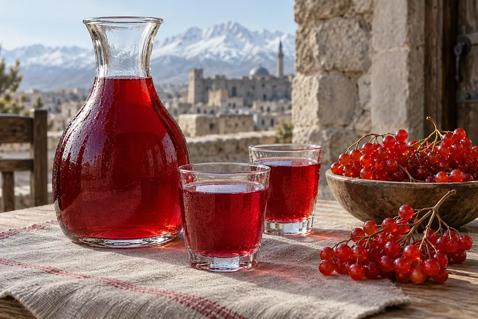 Carafă transparentă și două pahare de Gilaburu Şerbeti rubiniu lângă ciorchini de fructe gilaburu mici, roșii și translucide