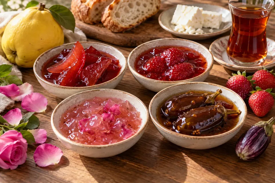 Four Turkish breakfast preserves in ceramic bowls: quince, strawberry, rose-petal and baby-aubergine reçel with bread, cheese and tea