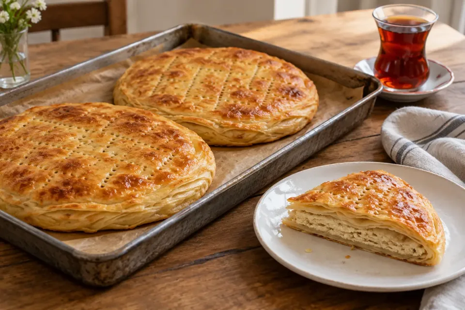 Two round golden Kars-style kete pastries on a tray and a cut wedge showing pale flour filling beside a glass of tea