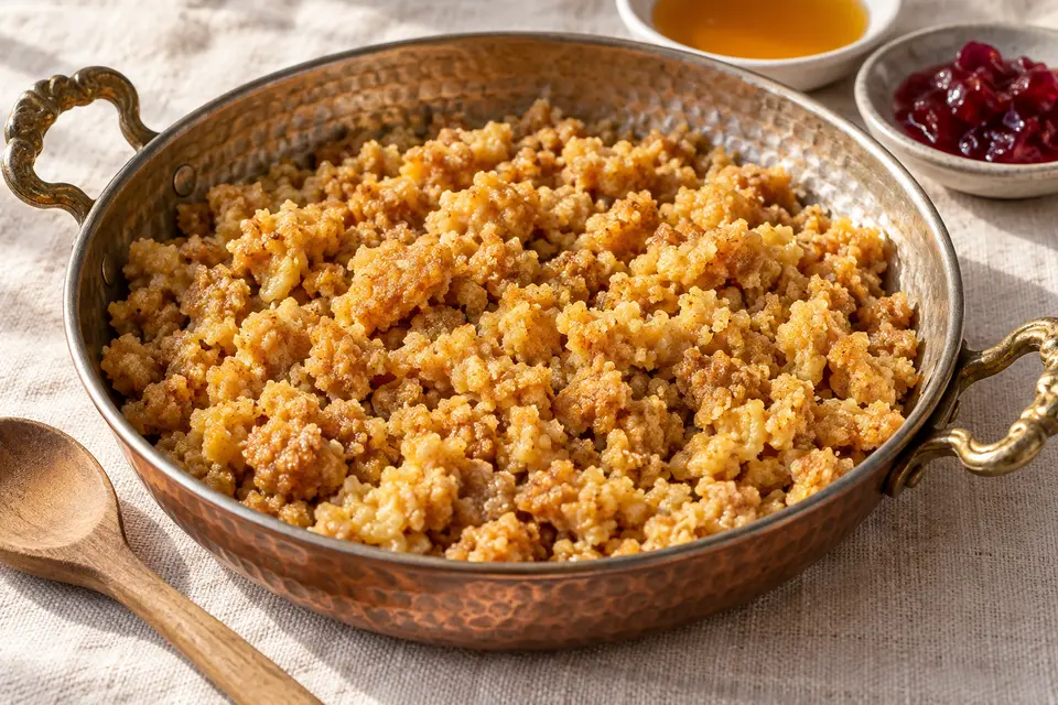 Murtuğa aurie și sfărâmicioasă din făină integrală rumenită în unt și ou, într-o tigaie joasă de cupru ciocănit, cu miere și dulceață de trandafiri alături
