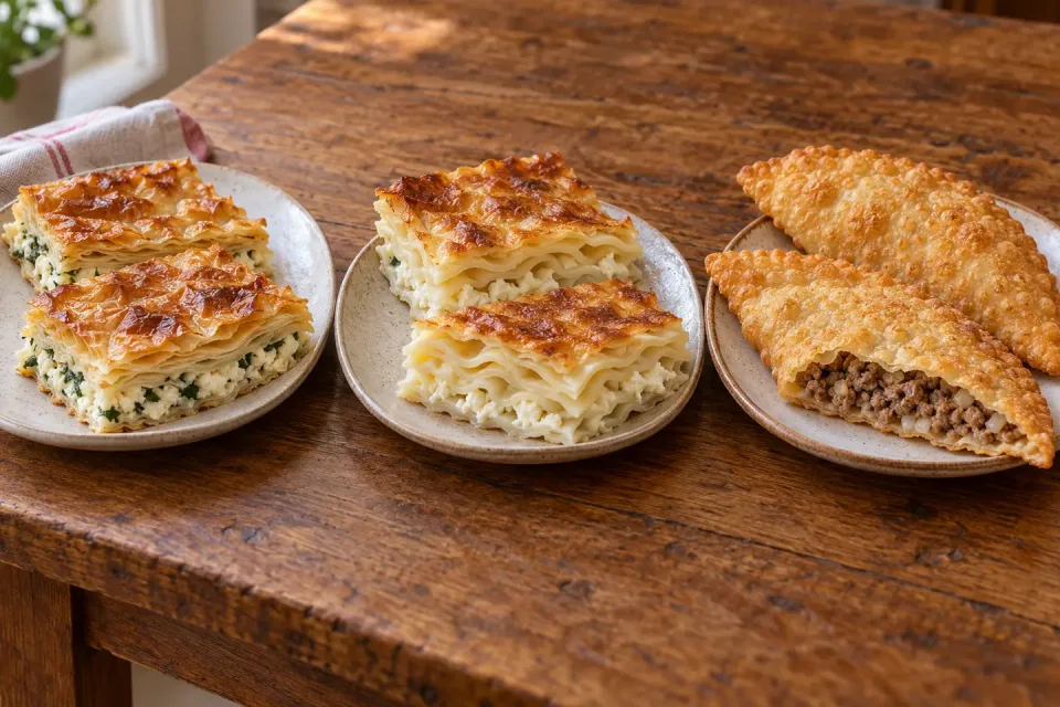 Separate plates of golden cheese tray börek, soft layered su böreği and blistered half-moon çibörek with cooked meat filling