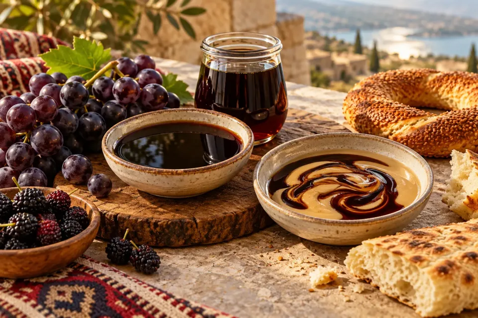 Bowls of dark grape pekmez and swirled tahin-pekmez with grapes, mulberries, bazlama and sesame simit