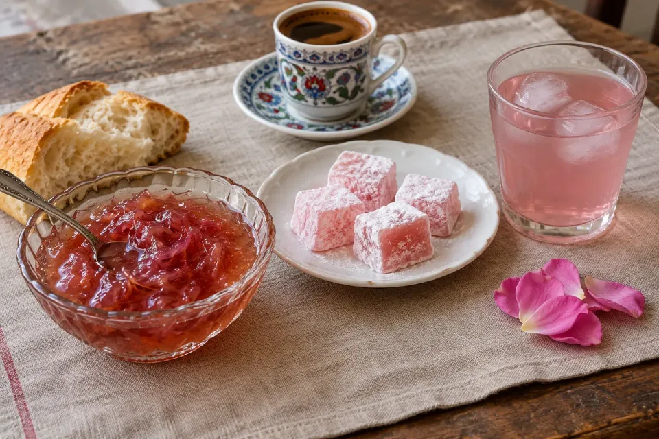 Confiture de pétales de rose, lokums roses et verre de şerbet à la rose dilué, avec café turc, pain et pétales roses