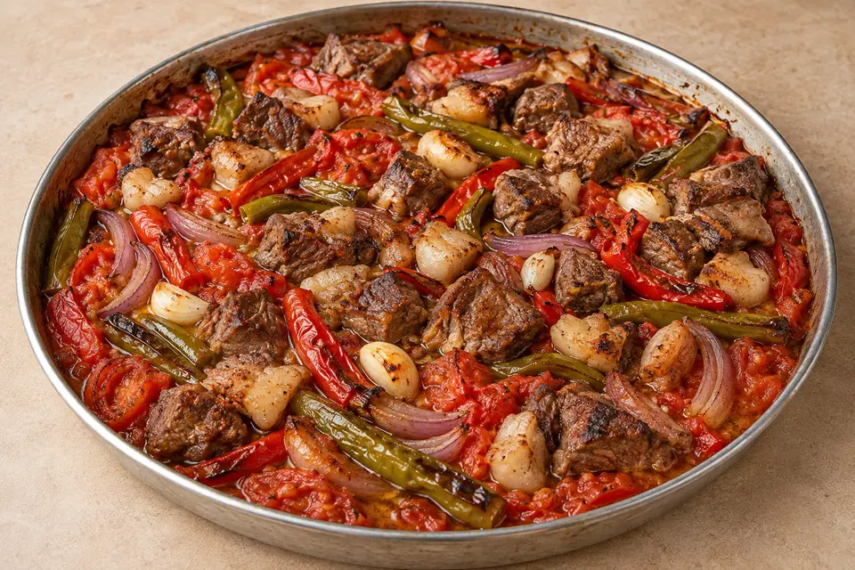 A shallow metal tray of Osmaniye Zorkun Tava with browned lamb, tomatoes, red onion, green and red peppers, garlic and pieces of tail fat