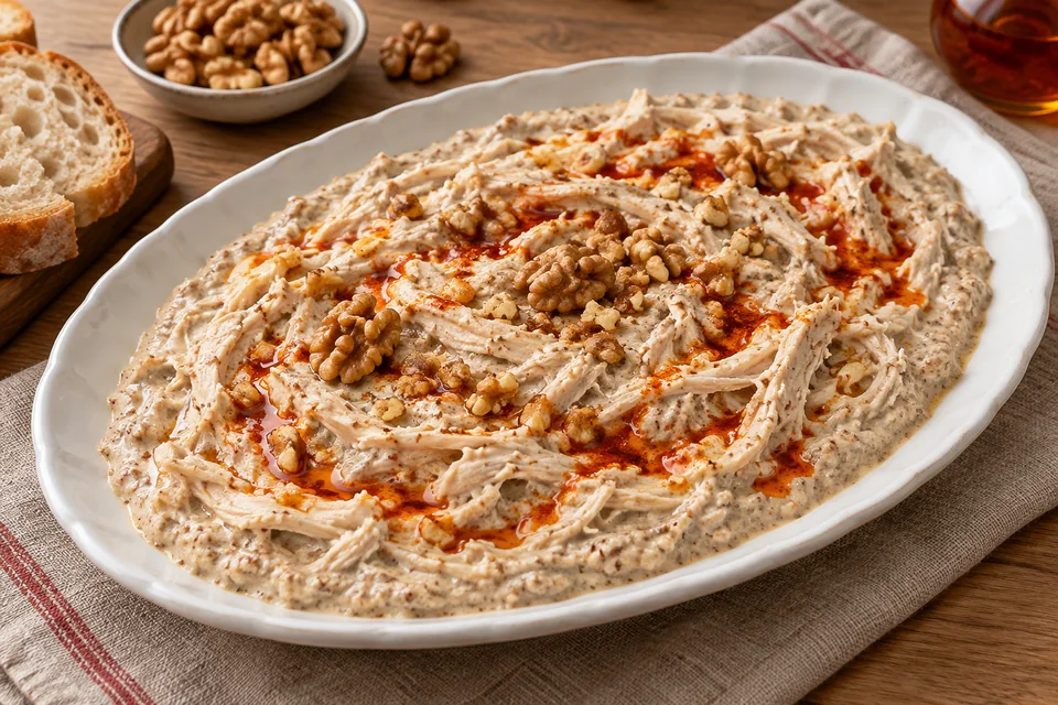 Turkish Çerkez Tavuğu on a white platter, showing shredded chicken in walnut-garlic sauce with paprika oil and walnut garnish