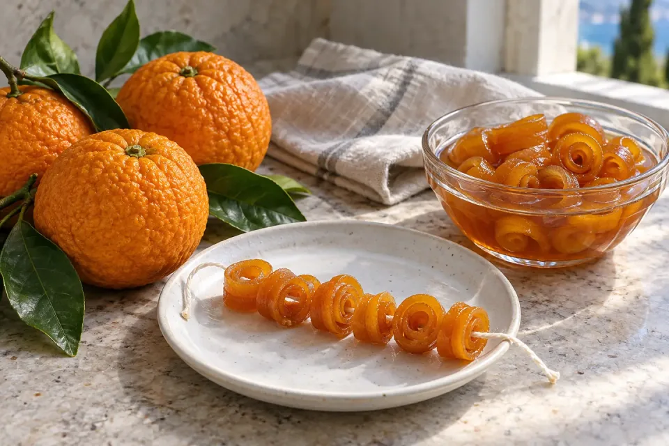 Oranges amères près d’écorces roulées enfilées sur du coton et d’un bol en verre de confiture d’écorces au sirop ambré