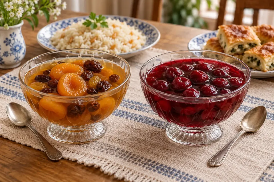Two glass bowls on a Turkish table: amber dried-apricot and raisin hoşaf beside ruby sour-cherry komposto, with rice pilaf and börek behind them