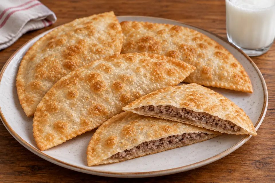Thin golden half-moon çibörek pastries with a juicy beef-and-onion filling, served beside ayran