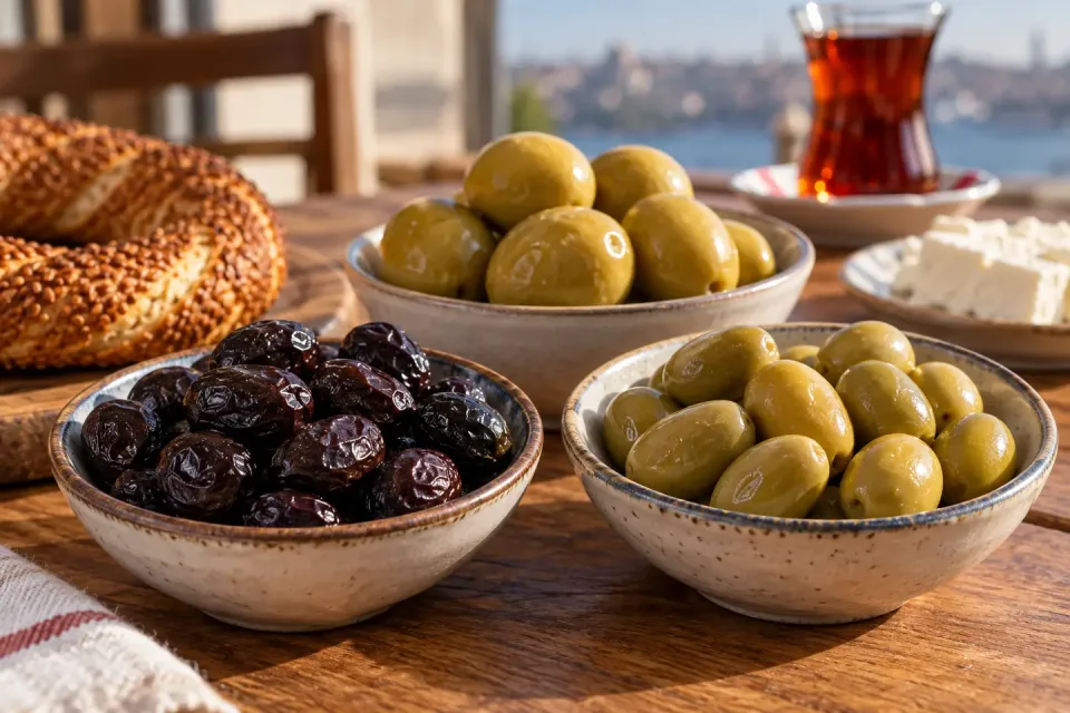 Three separate bowls of wrinkled black and whole green table olives beside simit, white cheese and Turkish tea