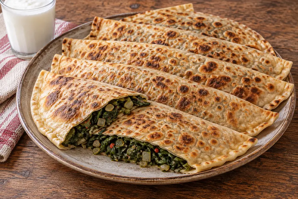 Six Akçakoca Mancarlı Pide en demi-lune marquées de taches grillées, dont une ouverte montrant la garniture d’épinards et de blettes