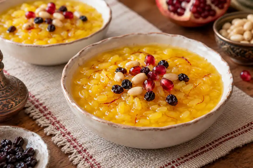 Goldenes türkisches Zerde-Reisdessert mit Korinthen, Pinienkernen und Granatapfelkernen