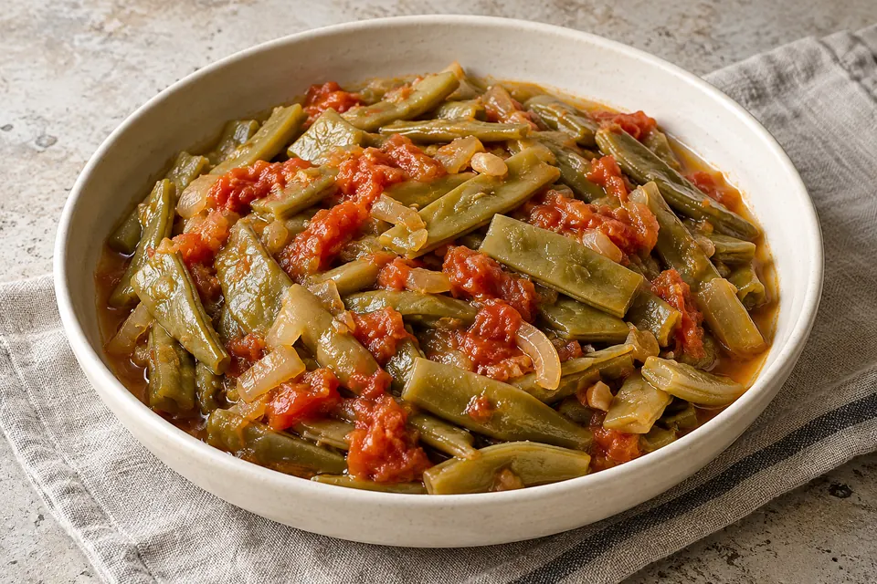 Tender olive-green flat beans with softened red tomatoes and translucent onion in a glossy olive-oil sauce, in a shallow cream bowl.
