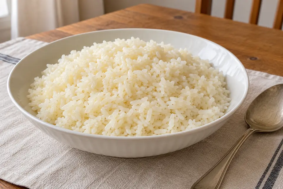 Fluffy Turkish Pirinç Pilavı in a shallow white serving bowl, showing separate glossy Baldo rice grains with a light butter sheen.