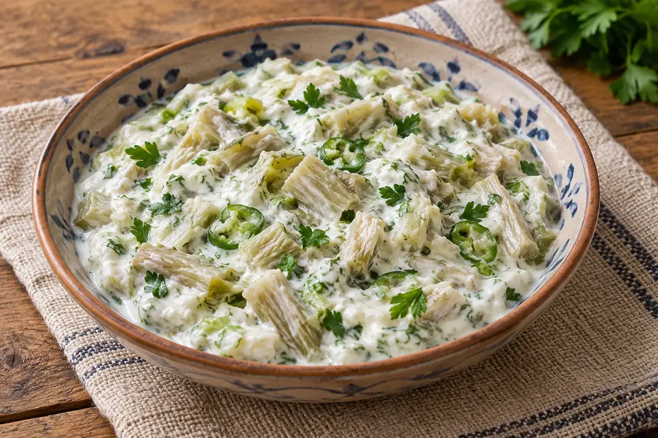 Hakkâri Kenger Cacığı, pale pieces of boiled kenger with green pepper and parsley in thick strained yogurt in a patterned ceramic bowl