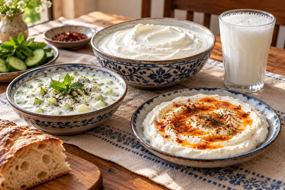 Turkish table with plain yogurt, cucumber cacık, frothy ayran and a yogurt meze topped with red pepper butter
