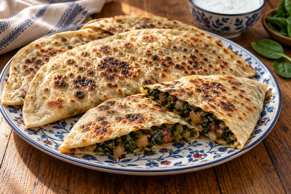 Goldbraune türkische Spinat-Gözleme in Stücke geschnitten, mit sichtbarer Füllung aus Spinat, Zwiebel, Tomatenmark und Petersilie
