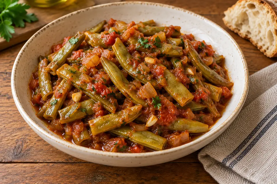 Taratorlu Börülce de Muğla, morceaux de gousses fraîches de dolique nappés d’une sauce rouge épaisse à la tomate et à l’ail dans un plat creux en céramique