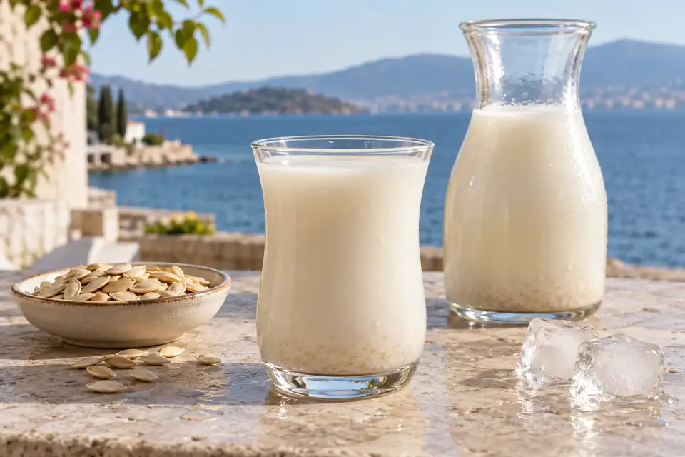 A cold glass and carafe of ivory-coloured İzmir Sübye beside a bowl of dried melon seeds