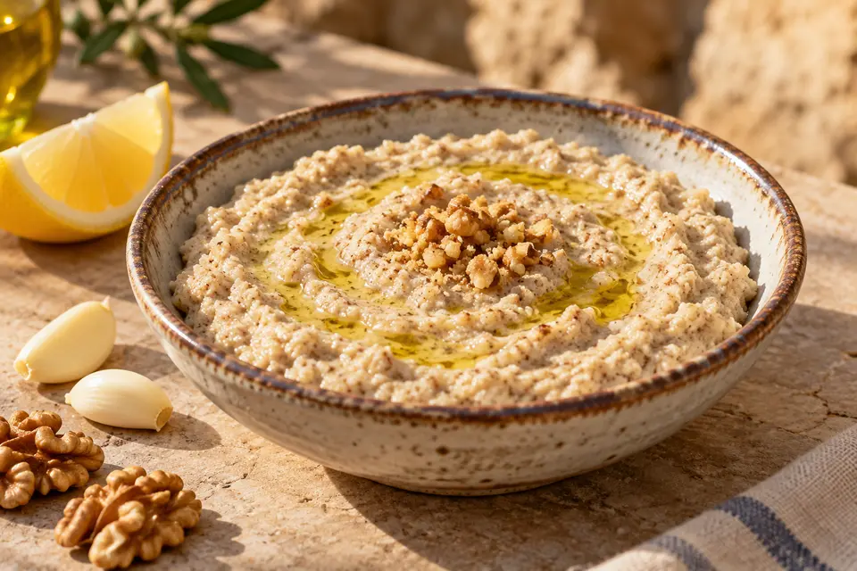 Antalya Tarator Sosu épaisse à la texture visible de pain et de noix, garnie d’huile d’olive et de noix concassées dans un bol en céramique