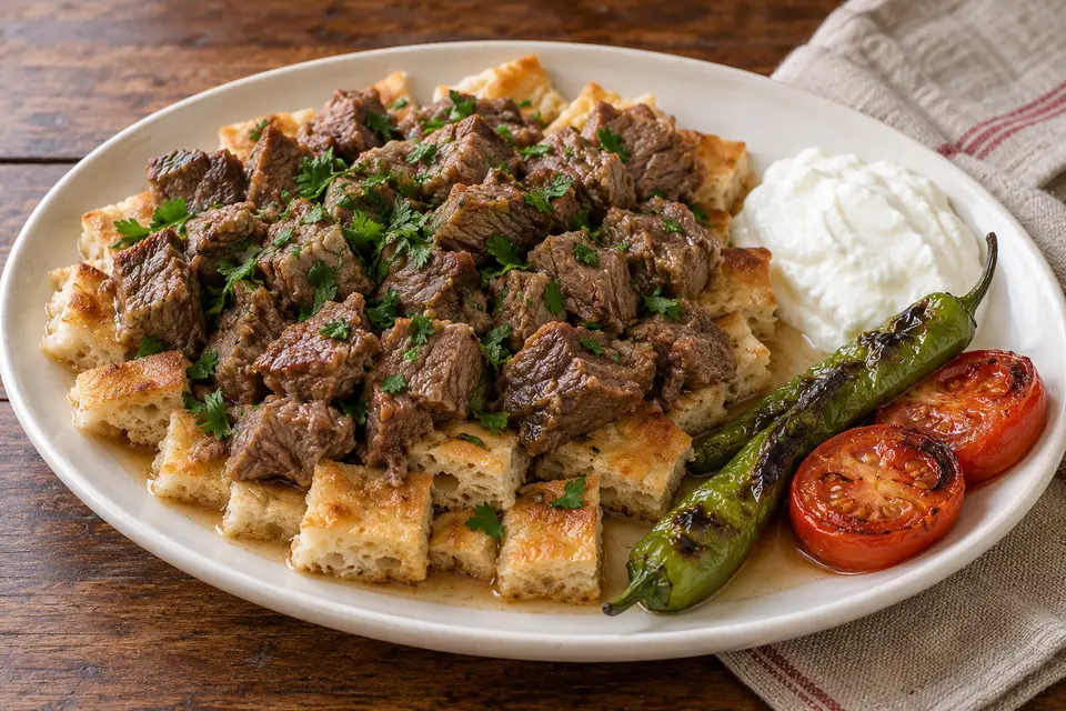 Afyon Kebabı mit zarten Rindfleischwürfeln auf brühebefeuchtetem Pide, Petersilie, Joghurt, gerösteten grünen Paprika und Tomaten