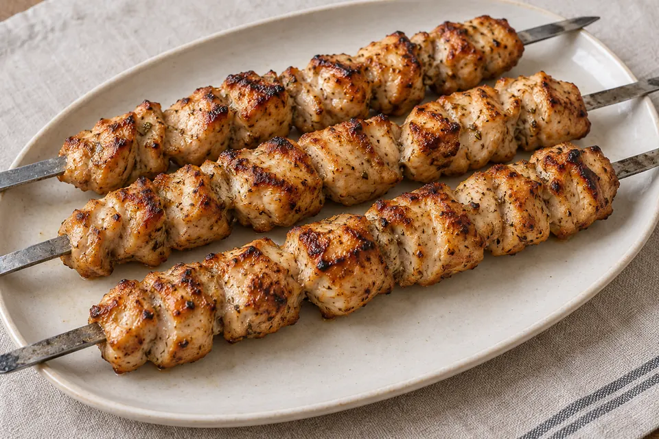 Golden-brown grilled chicken thigh pieces on three flat metal skewers, lightly speckled with thyme, on a plain cream platter.