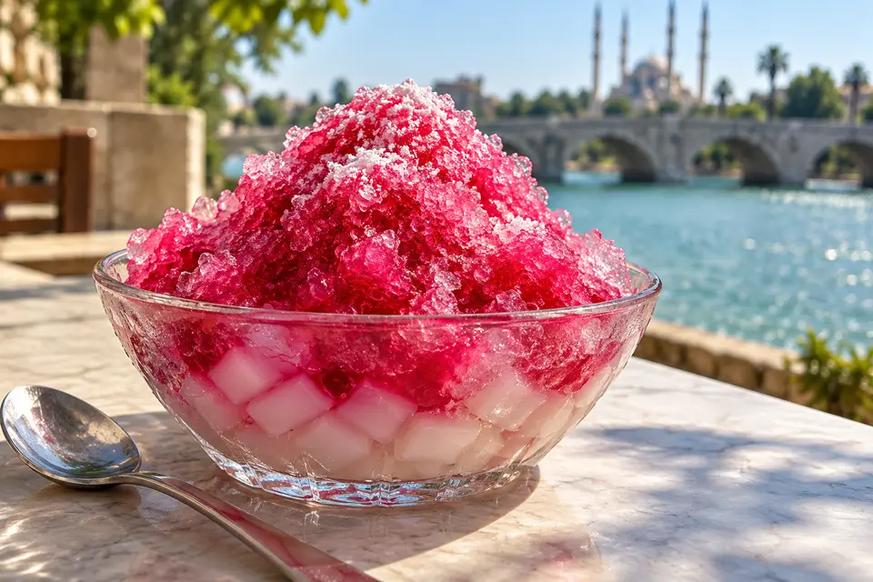 Adana Bici Bici avec cubes d’amidon translucides, glace pilée rose à l’eau de rose et sucre glace dans une coupe en verre