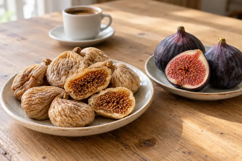 Helle, runzelige Trockenfeigen mit bernsteinfarbenem Inneren neben dunkelvioletten frischen Feigen mit rotem Fruchtfleisch und türkischem Kaffee