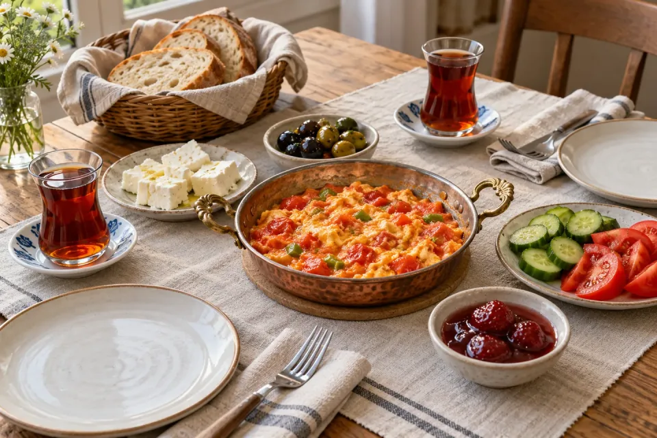 A modest Turkish breakfast for two with menemen, white cheese, olives, sliced tomatoes and cucumber, strawberry preserves, bread and two glasses of black tea.