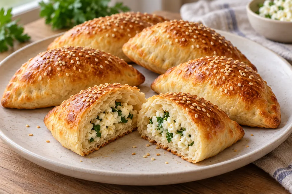 Golden half-moon peynirli poğaça topped with sesame seeds on a ceramic plate, with one split open to show white cheese, parsley and tender bread-like crumb.