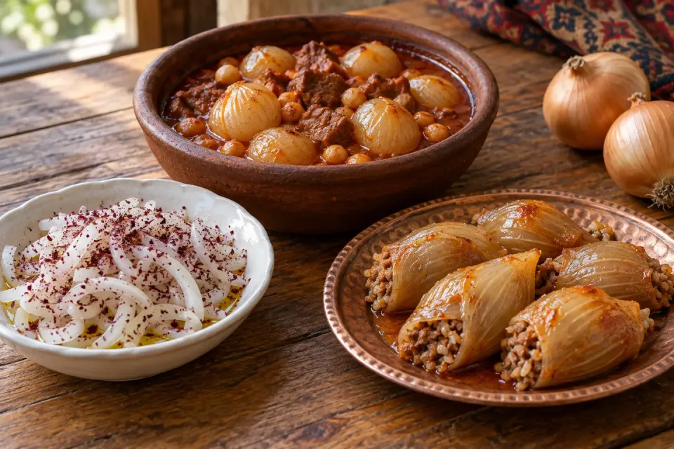 Roher Zwiebelsalat mit Sumach, Zwiebel-Kichererbsen-Eintopf und gefüllte Zwiebelrollen auf einem türkischen Tisch
