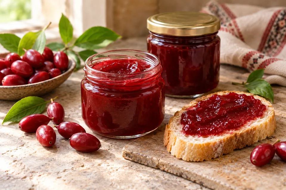 Pots ouverts de Kızılcık Marmeladı rouge rubis, cornouilles ovales fraîches et confiture étalée sur du pain