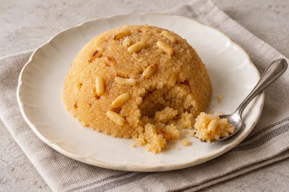 A softly rounded mound of golden-beige Turkish semolina halva with toasted pine nuts, with a spoonful removed to show the moist granular inside, on a cream plate.