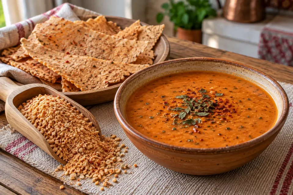 Schale mit türkischer Tarhana-Suppe neben groben getrockneten Tarhana-Krümeln und dünnen Tarhana-Platten nach Maraş-Art auf einem gewebten Tuch
