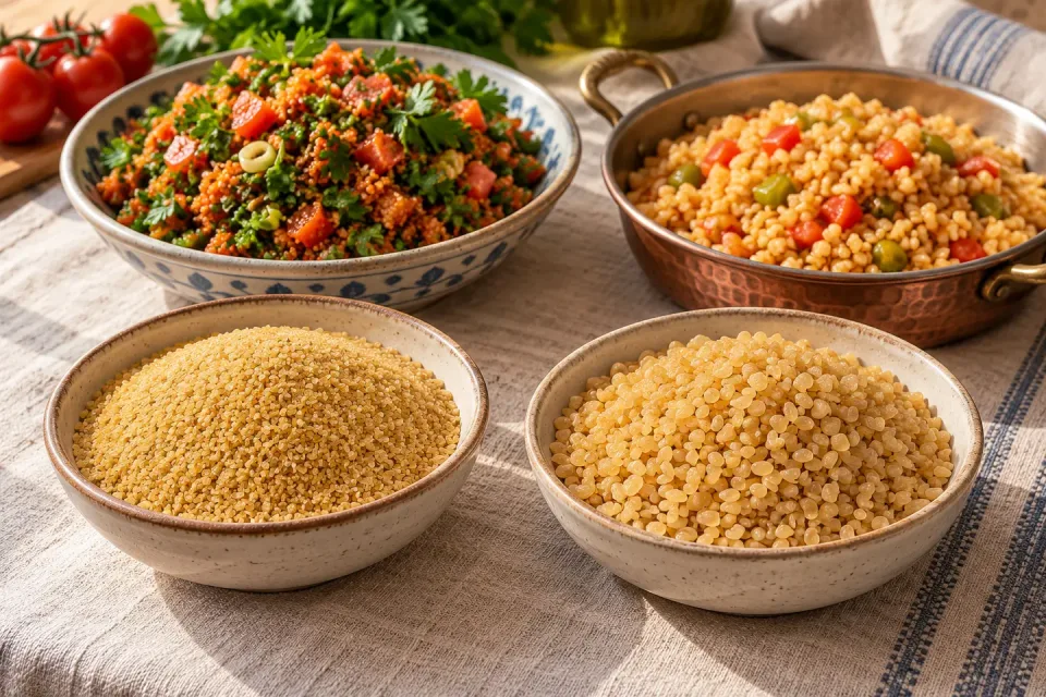 Bowls of fine and coarse golden bulgur beside Turkish kısır and cooked bulgur pilaf