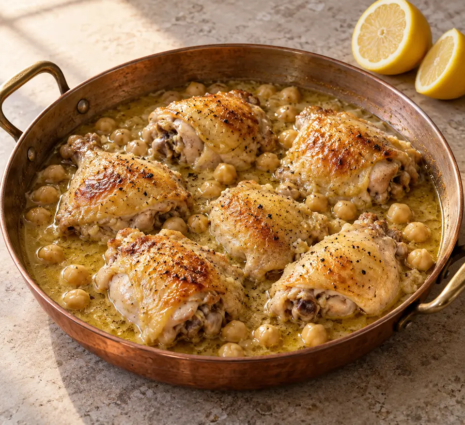 Muğla-style browned chicken pieces with chickpeas in a bright lemon and garlic broth