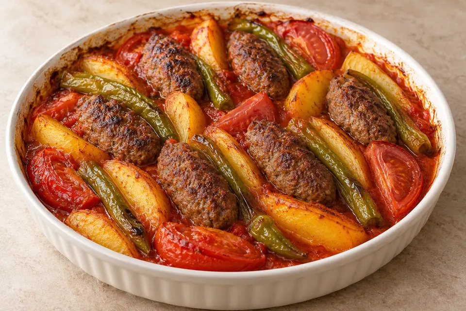 İzmir Köfte au four avec boulettes oblongues, quartiers de pomme de terre dorés, sauce tomate et piments verts doux