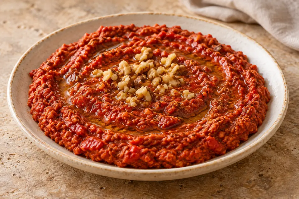 Hatay Cevizli Biber, eine dicke rostrote Meze aus gerösteter Paprika und Walnüssen, mit gehackten Walnüssen und einem feinen Olivenölstrahl auf einem Keramikteller