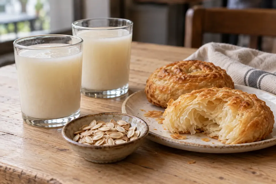 Deux verres de Sübye pâle avec des graines de melon séchées et des Boyoz dorés nature, dont un ouvert dévoile les couches