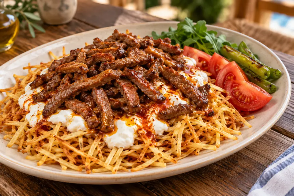 Bodrum Çökertme Kebabı mit gebratenen Rindfleischstreifen, Knoblauchjoghurt und knusprigen Kartoffelstiften