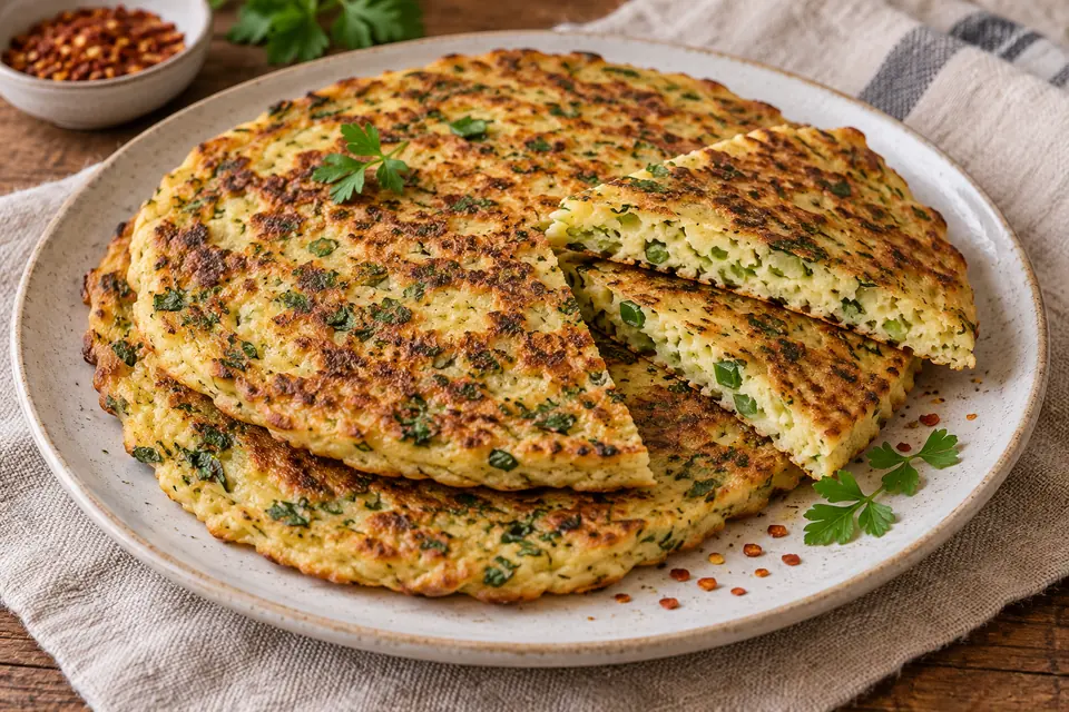 Crêpes turques Kaygana dorées et empilées, au persil et aux oignons nouveaux, avec des quartiers montrant un cœur tendre entièrement cuit