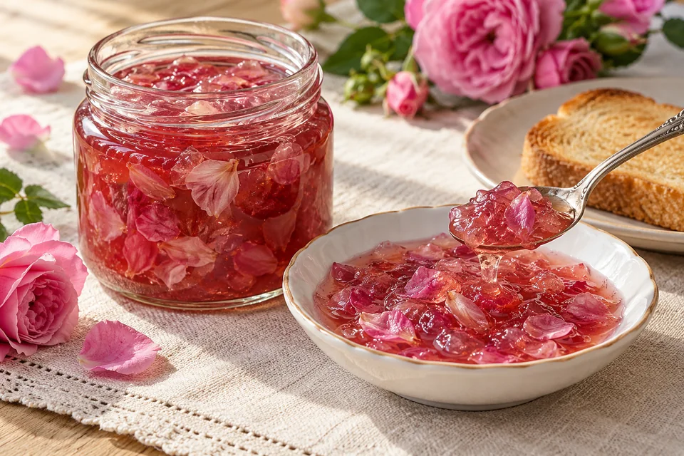 A glass jar and porcelain dish of glossy pink Turkish rose-petal jam with visible softened petals and a spoonful lifted above the dish